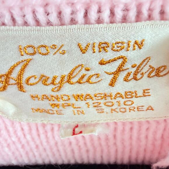 Vtg 80s Sweater Pink Textured Knit Green Pom Coquette Granny Cottagecore Women L - Picture 7 of 10